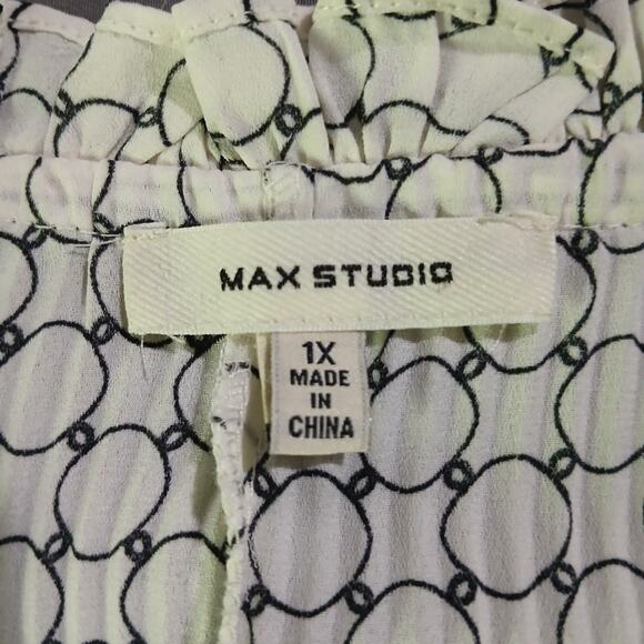 Max Studio 1X Tie-Neck Black & White Easy Care Top - Picture 2 of 14